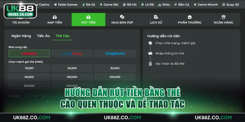 Hướng dẫn rút tiền bằng thẻ cào quen thuộc và dễ thao tác